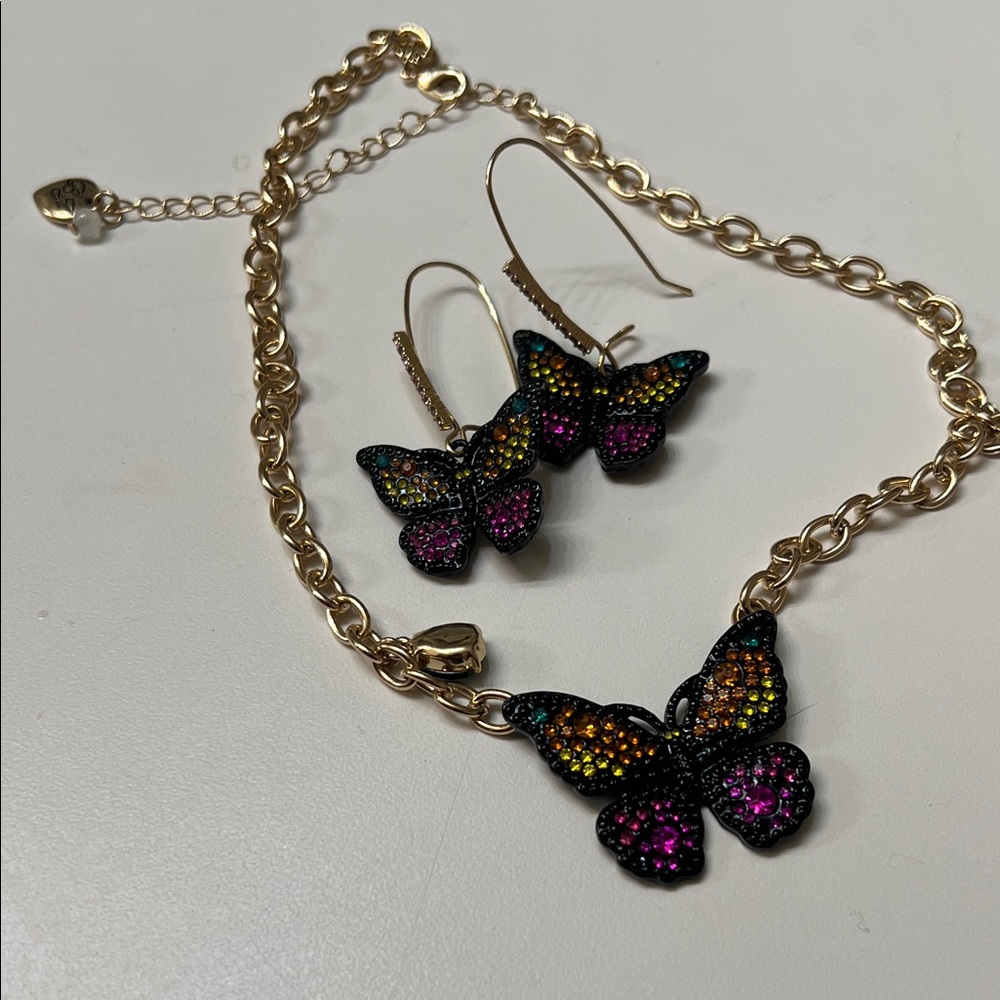 Betsey Johnson Gold Butterfly Necklace & Earring Set with Multicolor Crystals